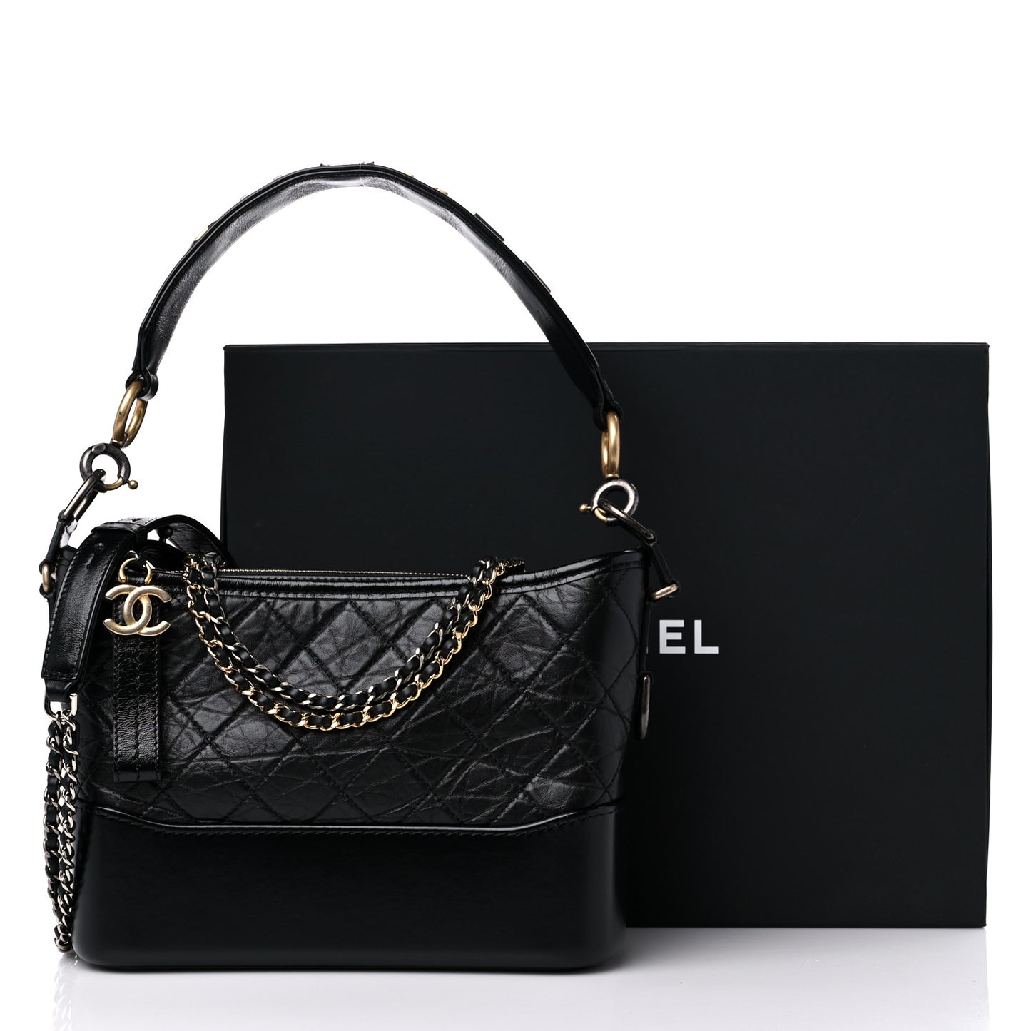 Aged Smooth Calfskin Quilted Medium Gabrielle Logo Hobo Black