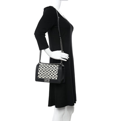 Chanel Calfskin Woven Medium Boy Flap Black White 2 of 11