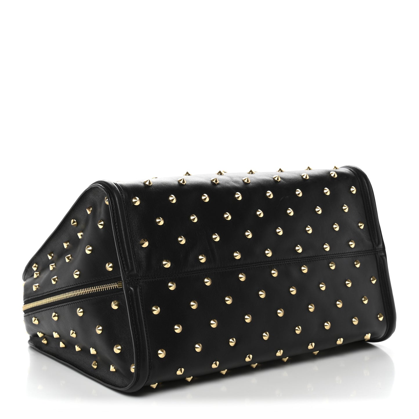 Calfskin Large Studded Padlock Zip Around Tote Black