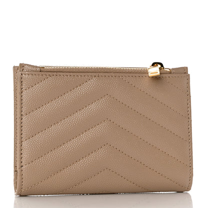 Saint Laurent Grain De Poudre Matelasse Chevron Monogram Zipped Two-Part Wallet Dark Beige 3 of 8