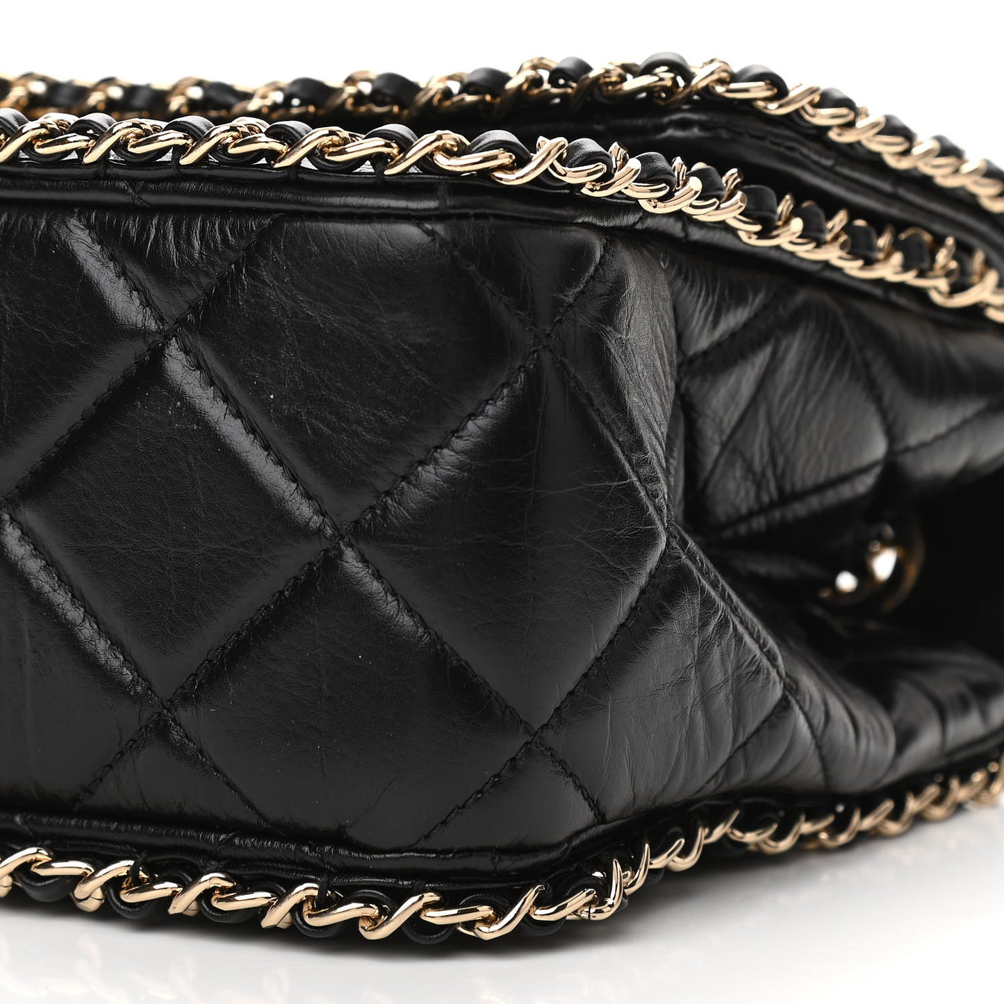 Crumpled Calfskin Quilted Large Chain All Over Flap Bag Black