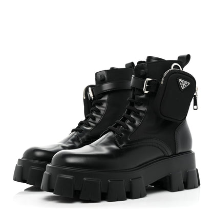 Prada Spazzolato Rois Re-Nylon Metal Triangle Logo Monolith Pouch Pocket 55mm Boots 40.5 Black 3 of 13