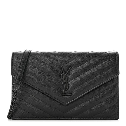 Saint Laurent Grain De Poudre Matelasse Chevron Monogram Monochrome Envelope Chain Wallet Black 1 of 12