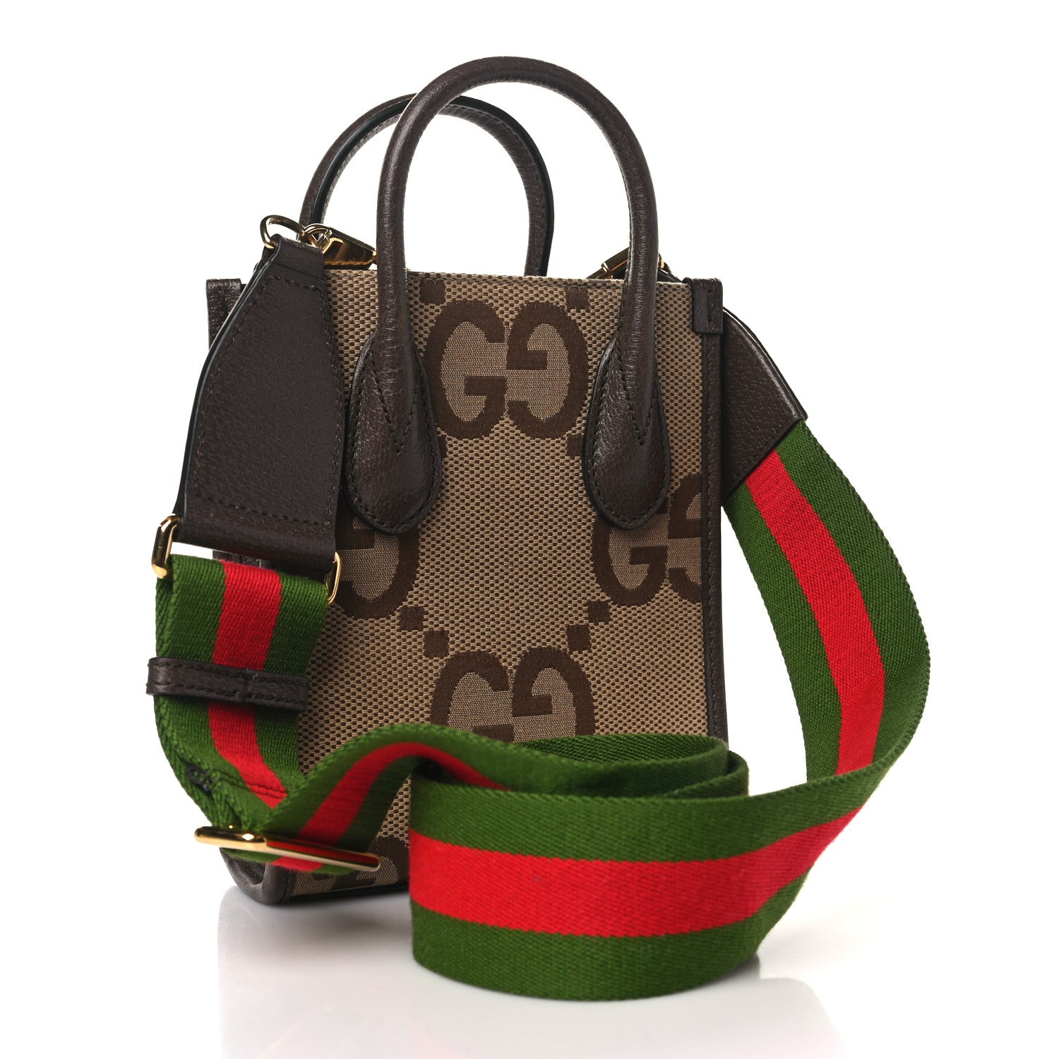 Gucci Monogram Jumbo GG Textured Dollar Calfskin Web Mini Vertical Tote Camel Ebony New Acero 3 of 11