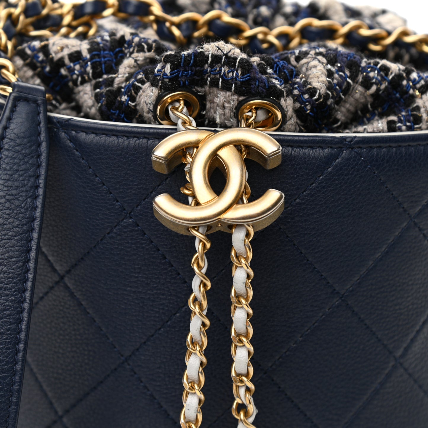 Calfskin Tweed Medium CC Chain Bucket Drawstring Bag Navy Blue Multicolor