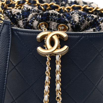 Chanel Calfskin Tweed Medium CC Chain Bucket Drawstring Bag Navy Blue Multicolor 8 of 10