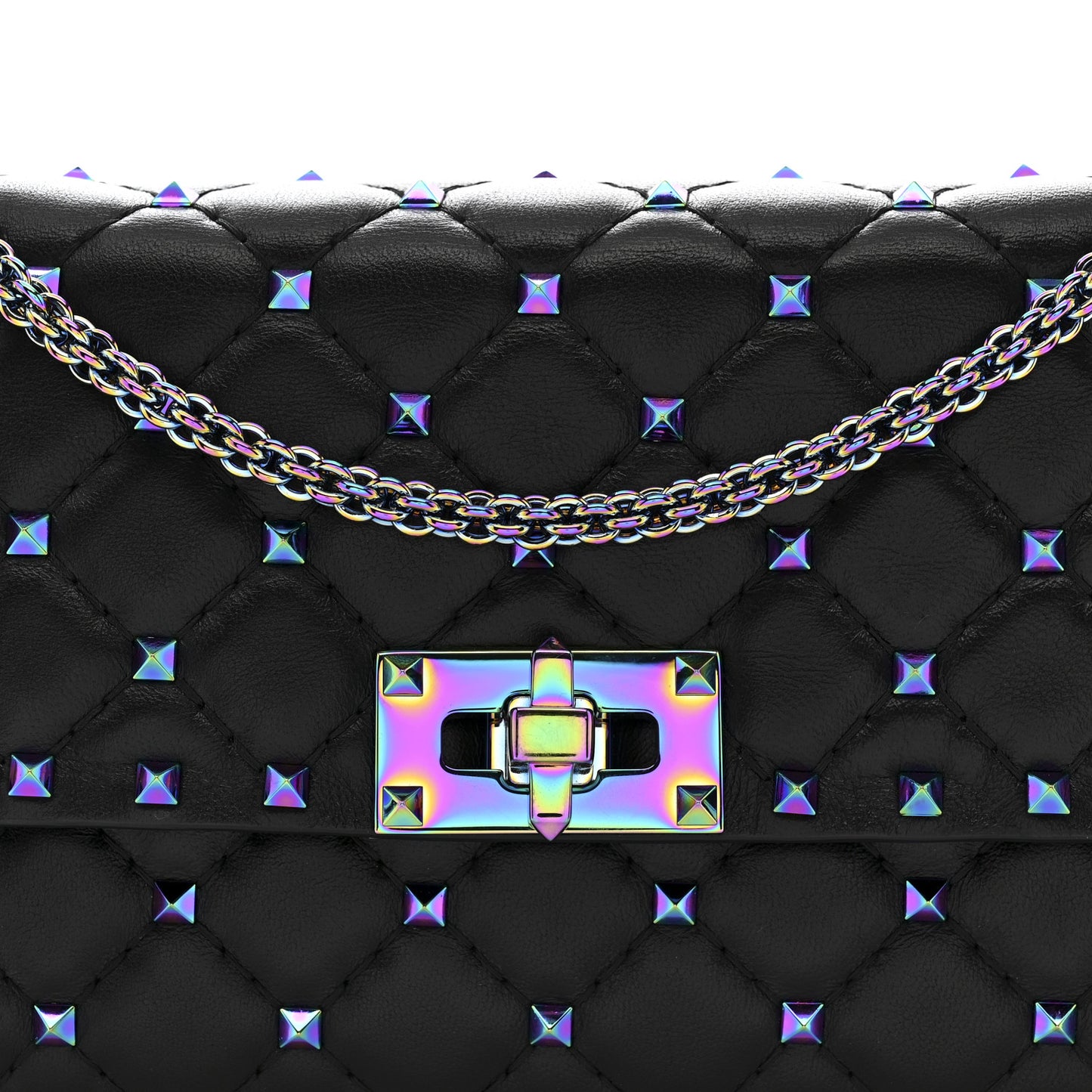 Lambskin Oil Slick Rockstud Spike Wallet on Chain Black