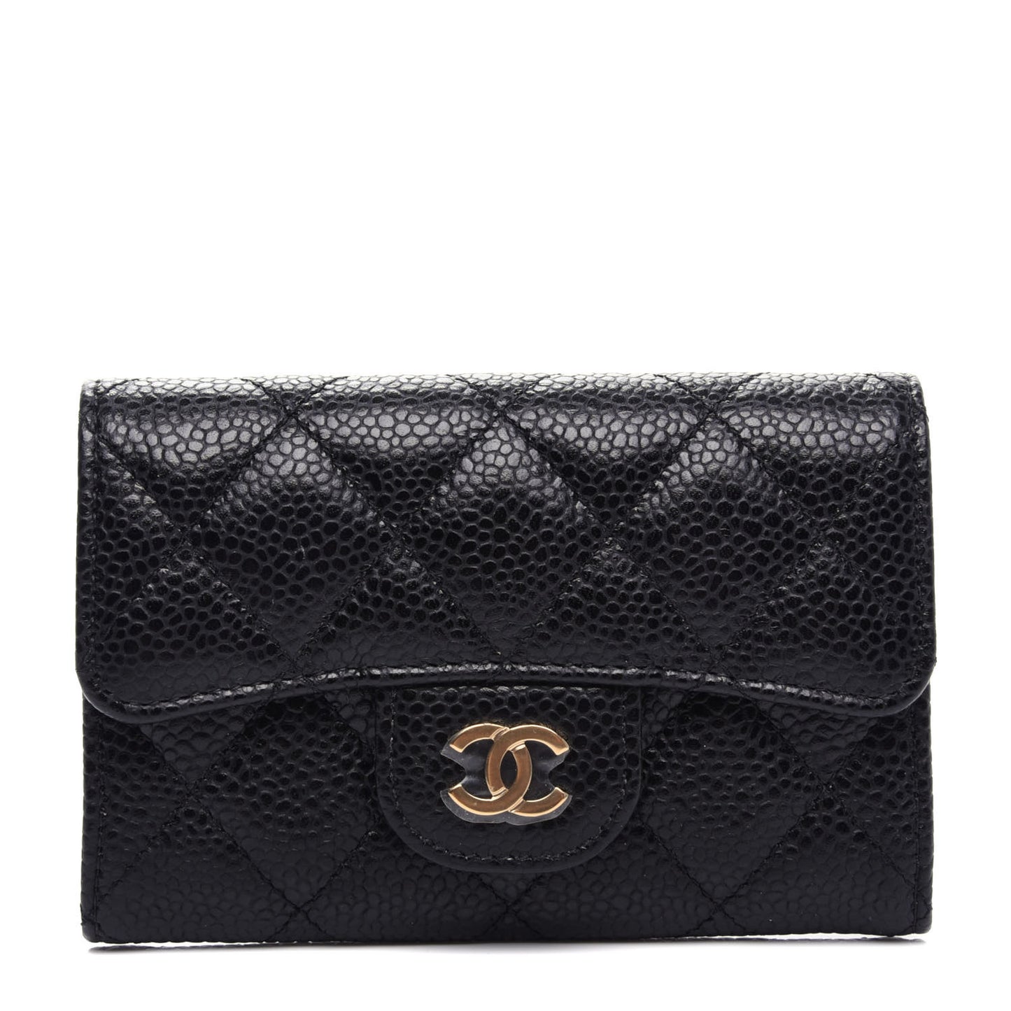 Caviar Quilted Flap Card Holder Wallet Black