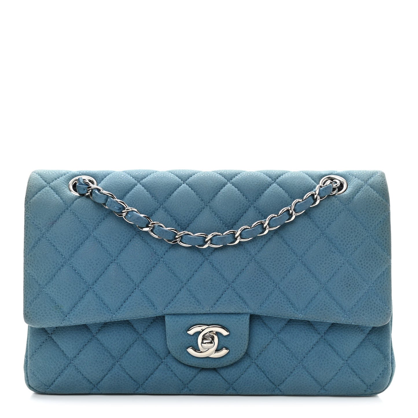 Iridescent Caviar Quilted Medium Double Flap Blue