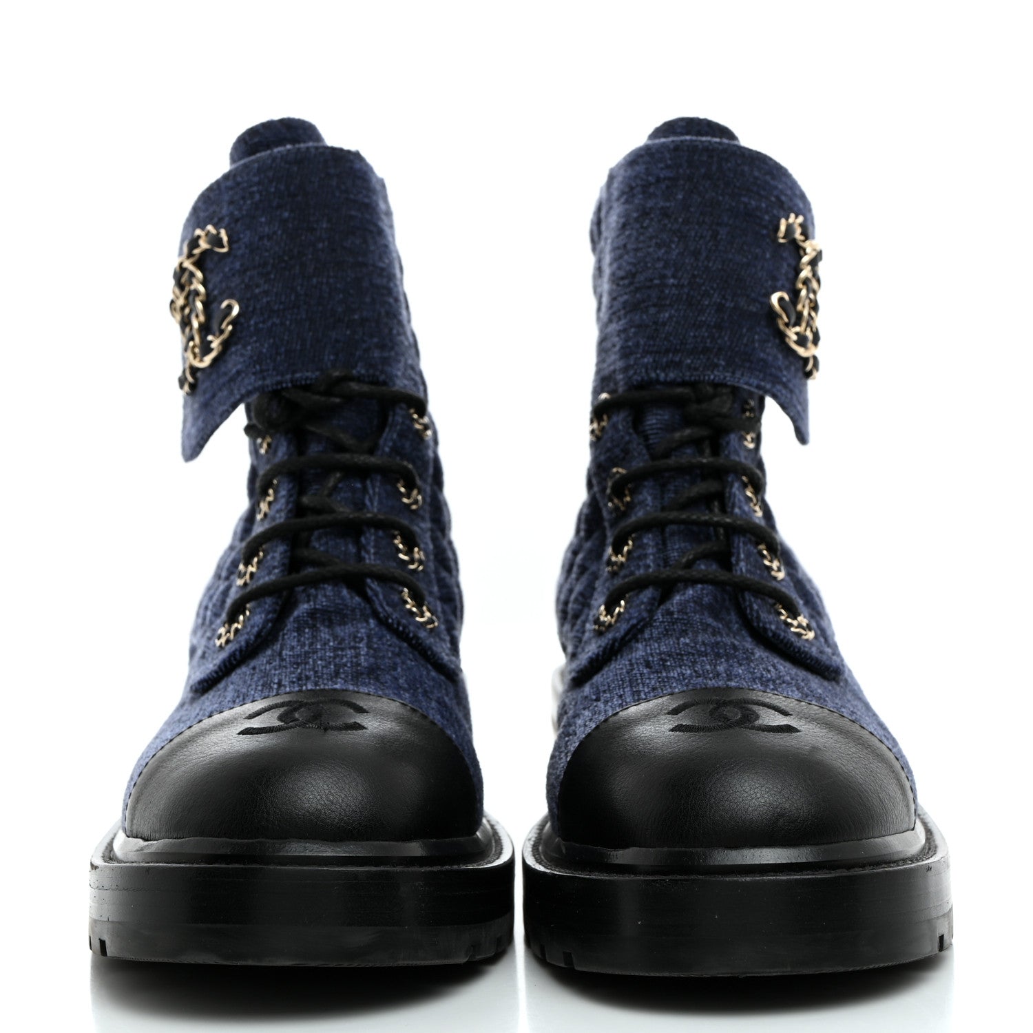 Chanel Shiny Calfskin Velvet Quilted Lace Up Combat Boots 41 Blue Black 2 of 8