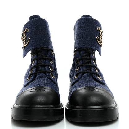 Chanel Shiny Calfskin Velvet Quilted Lace Up Combat Boots 41 Blue Black 2 of 8