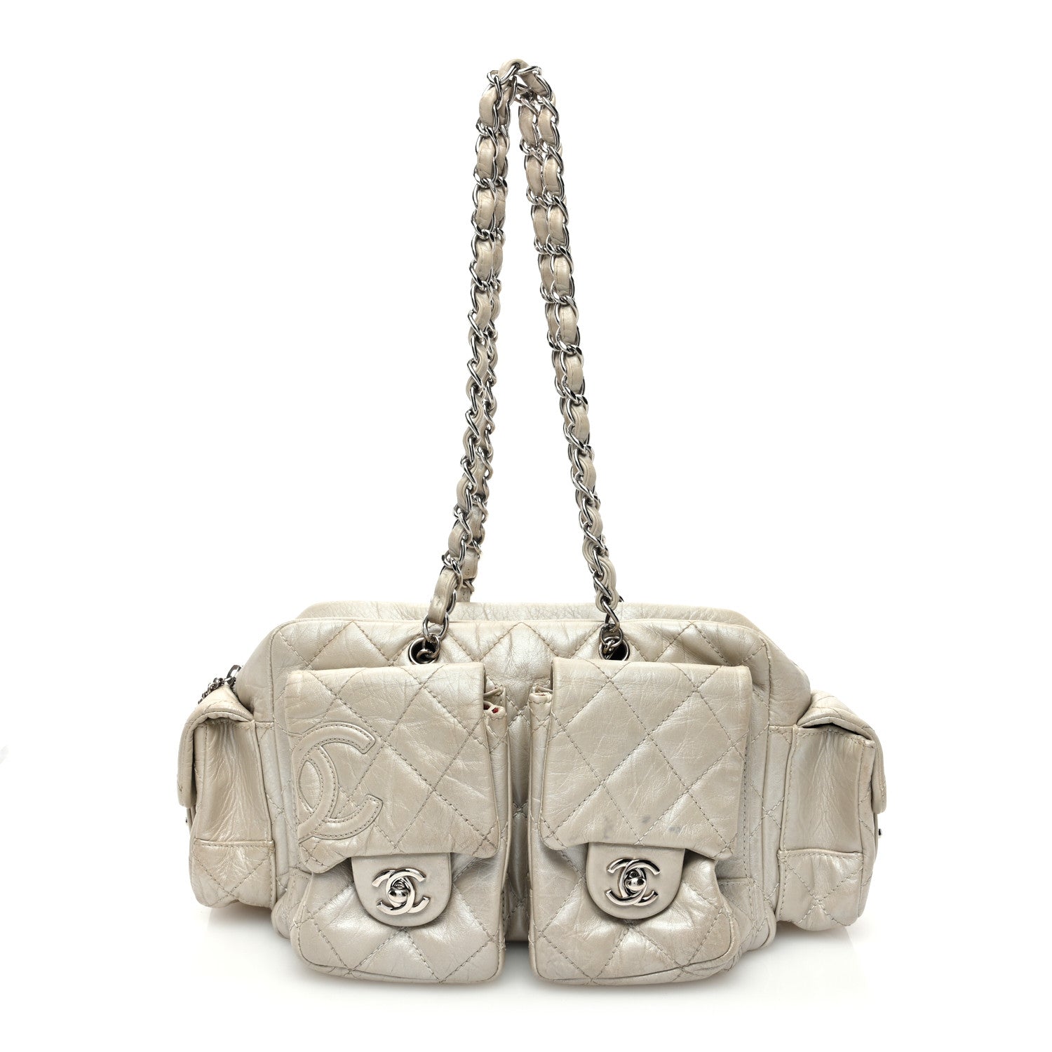 Chanel Metallic Aged Calfskin Quilted Small Cambon Reporter Argent Clair 1 of 12