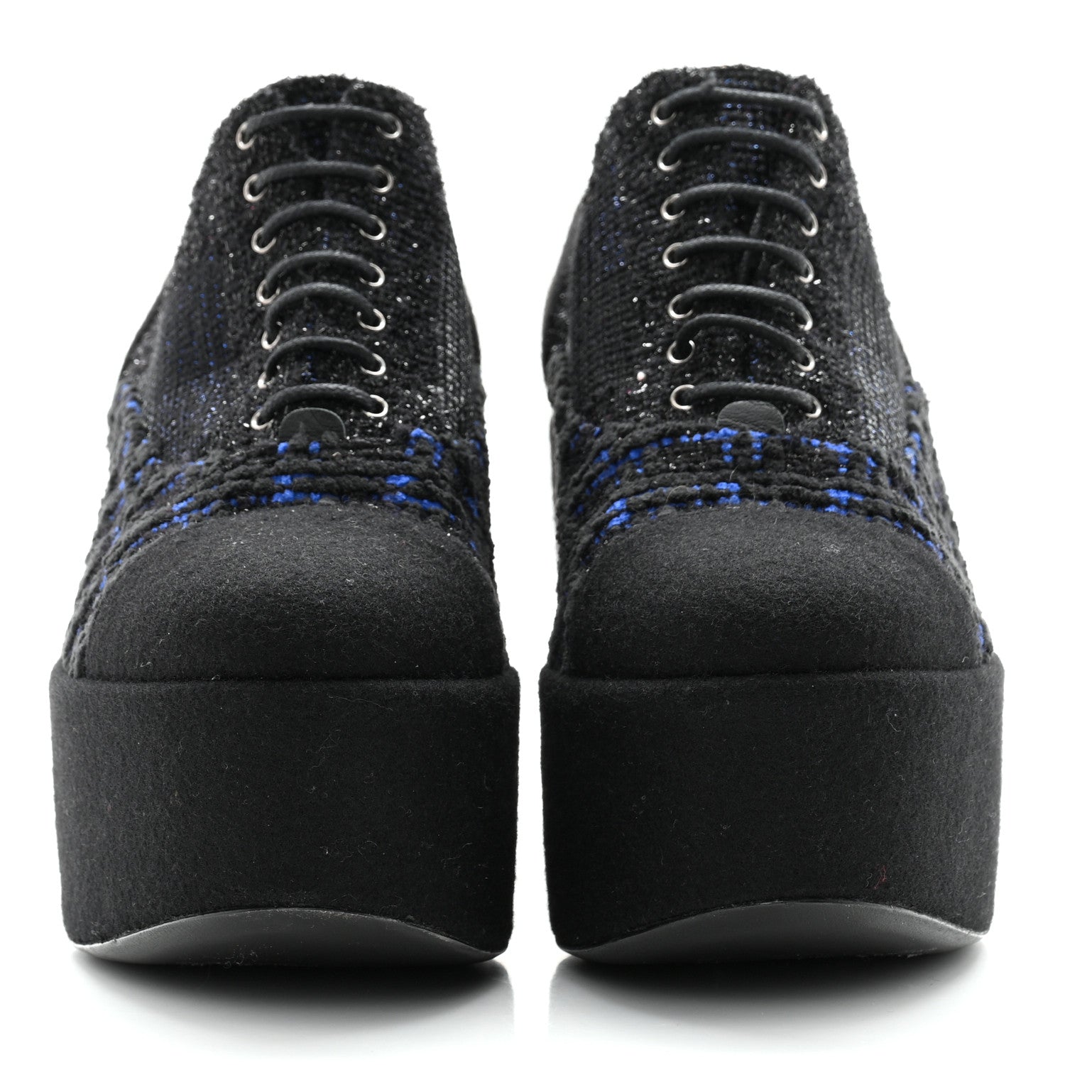 Chanel Tweed Lace Up Platform Oxfords 38 Black Blue 2 of 12