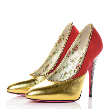 Gucci Metallic Nappa Kid Scamosciato Elaphe Snakeskin Peachy Pumps 36.5 Oro Red Roccia 3 of 9