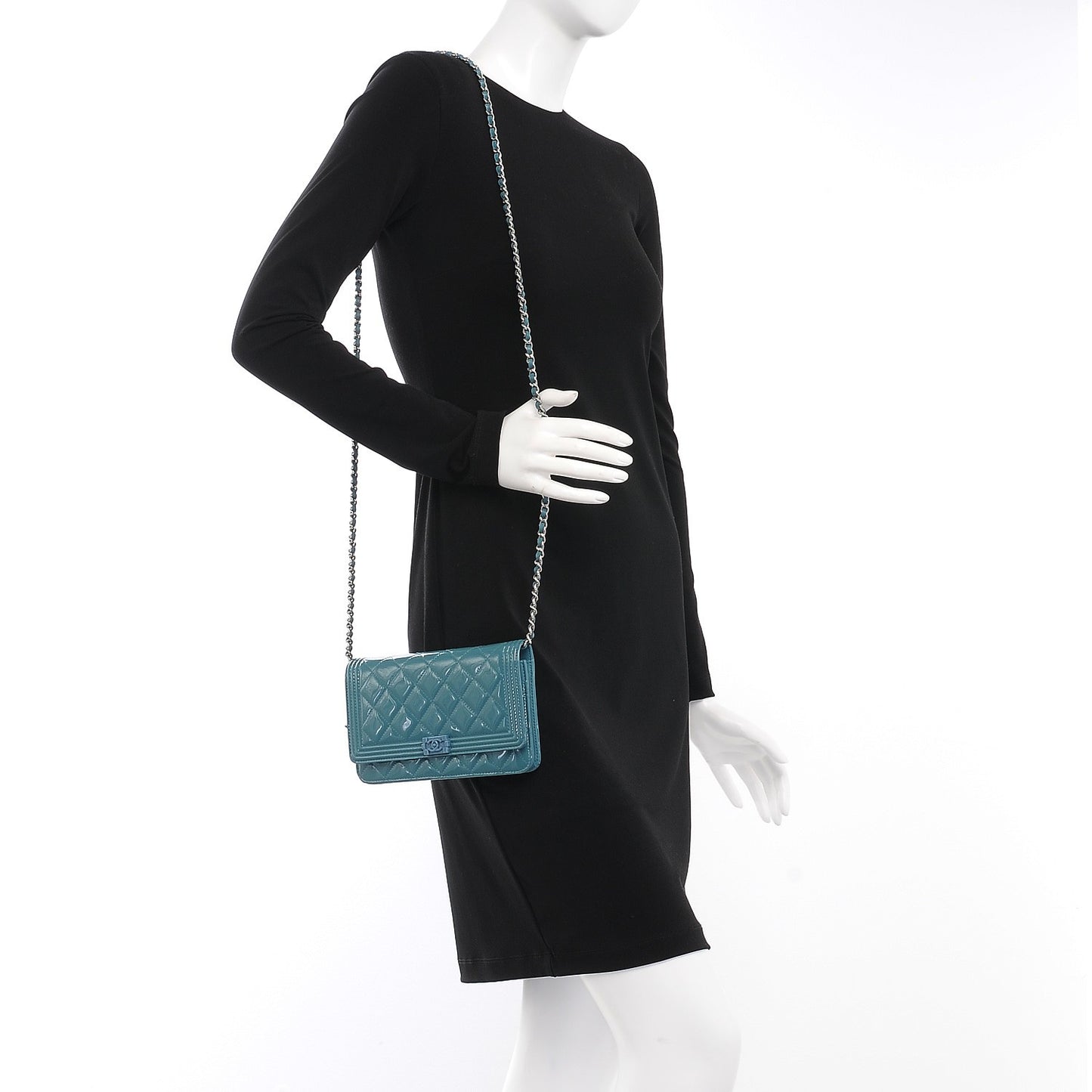 Patent Calfskin Quilted Boy Wallet On Chain WOC Peacock Blue