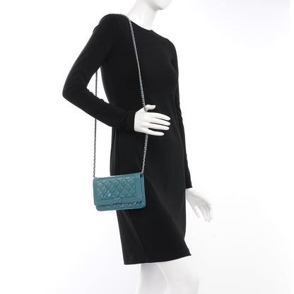 Chanel Patent Calfskin Quilted Boy Wallet On Chain WOC Peacock Blue 2 of 9