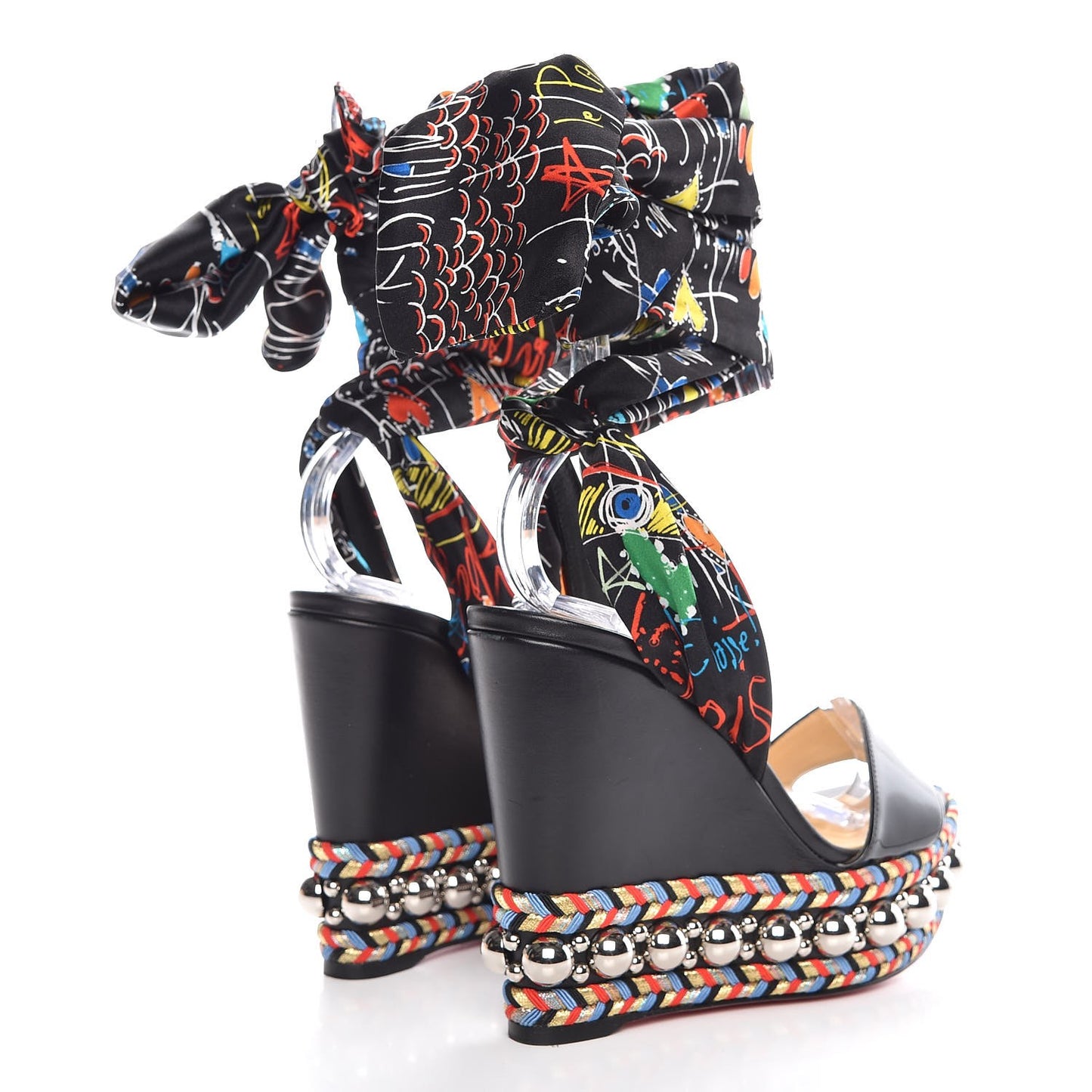 Patent Crepe Satin Loubitag Levantine 120 Wedge Sandals 36 Black