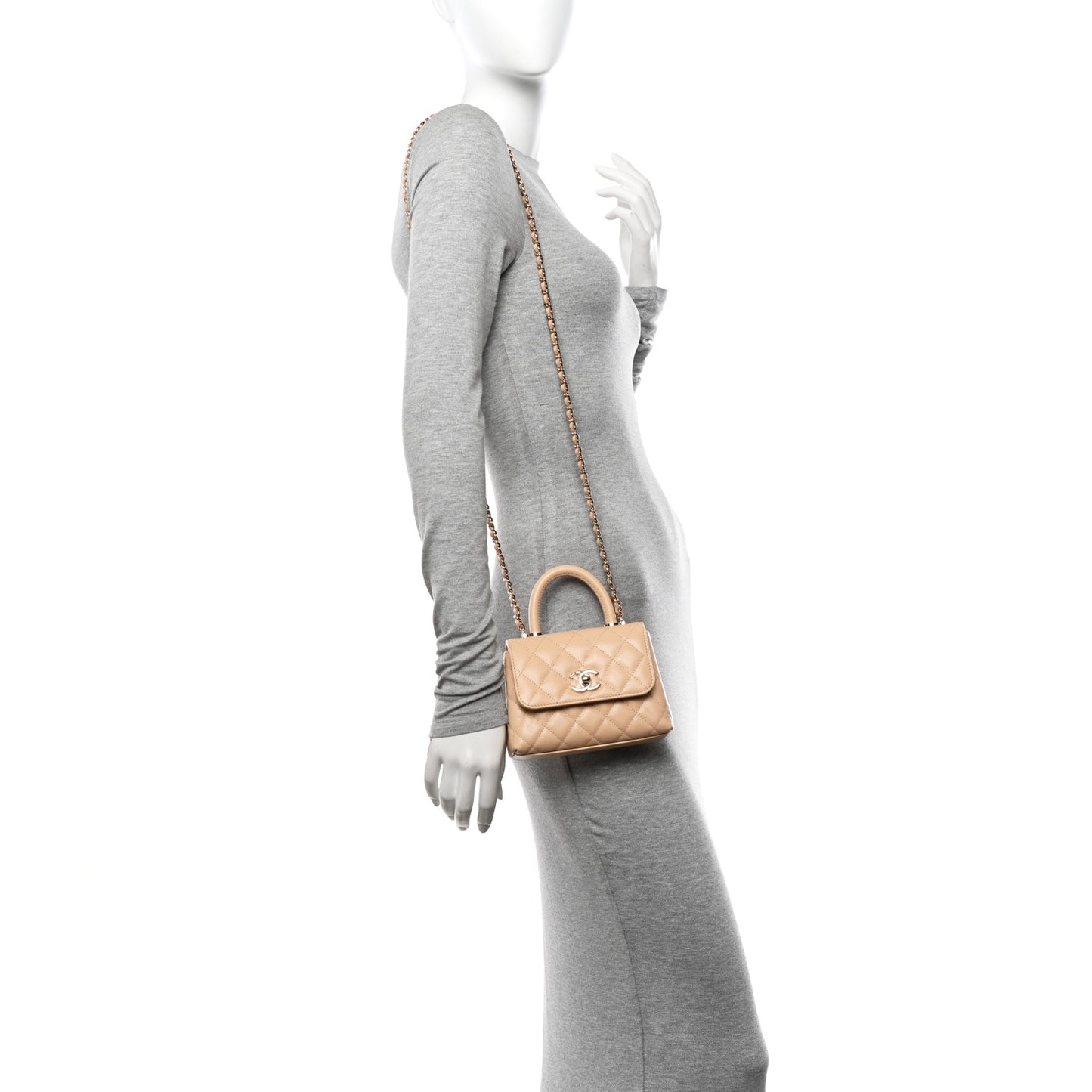 Caviar Quilted Coco Handle Clutch With Chain Beige