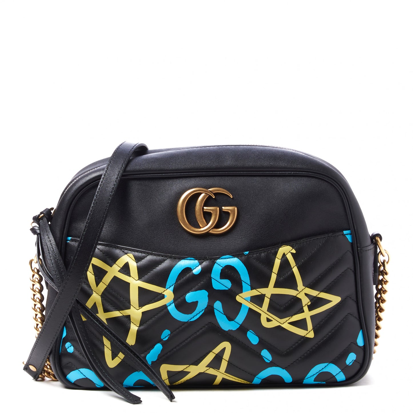 Calfskin Matelasse GucciGhost Medium GG Marmont Chain Shoulder Bag Black New Acquamarine