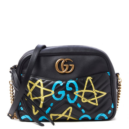 Gucci Calfskin Matelasse GucciGhost Medium GG Marmont Chain Shoulder Bag Black New Acquamarine 1 of 11