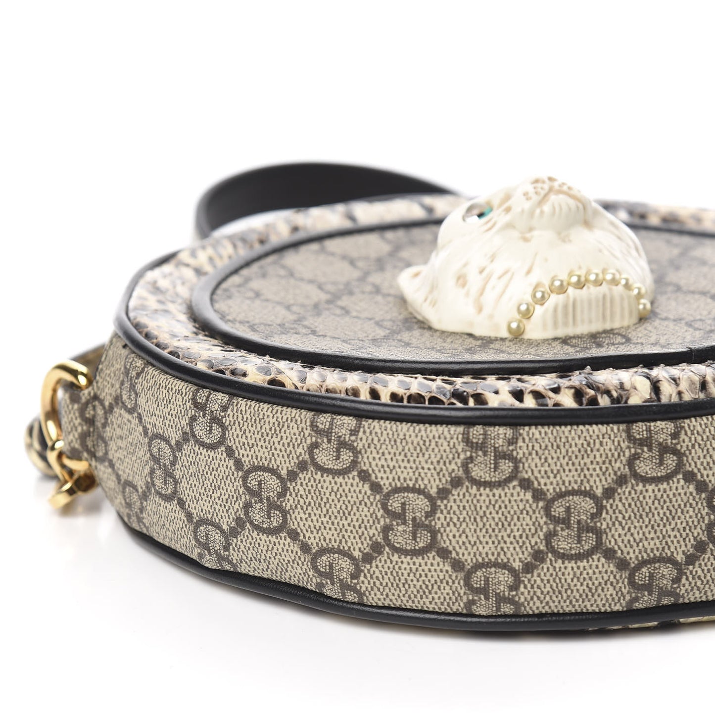 GG Supreme Monogram Patchwork Cat Round Shoulder Bag White Beige