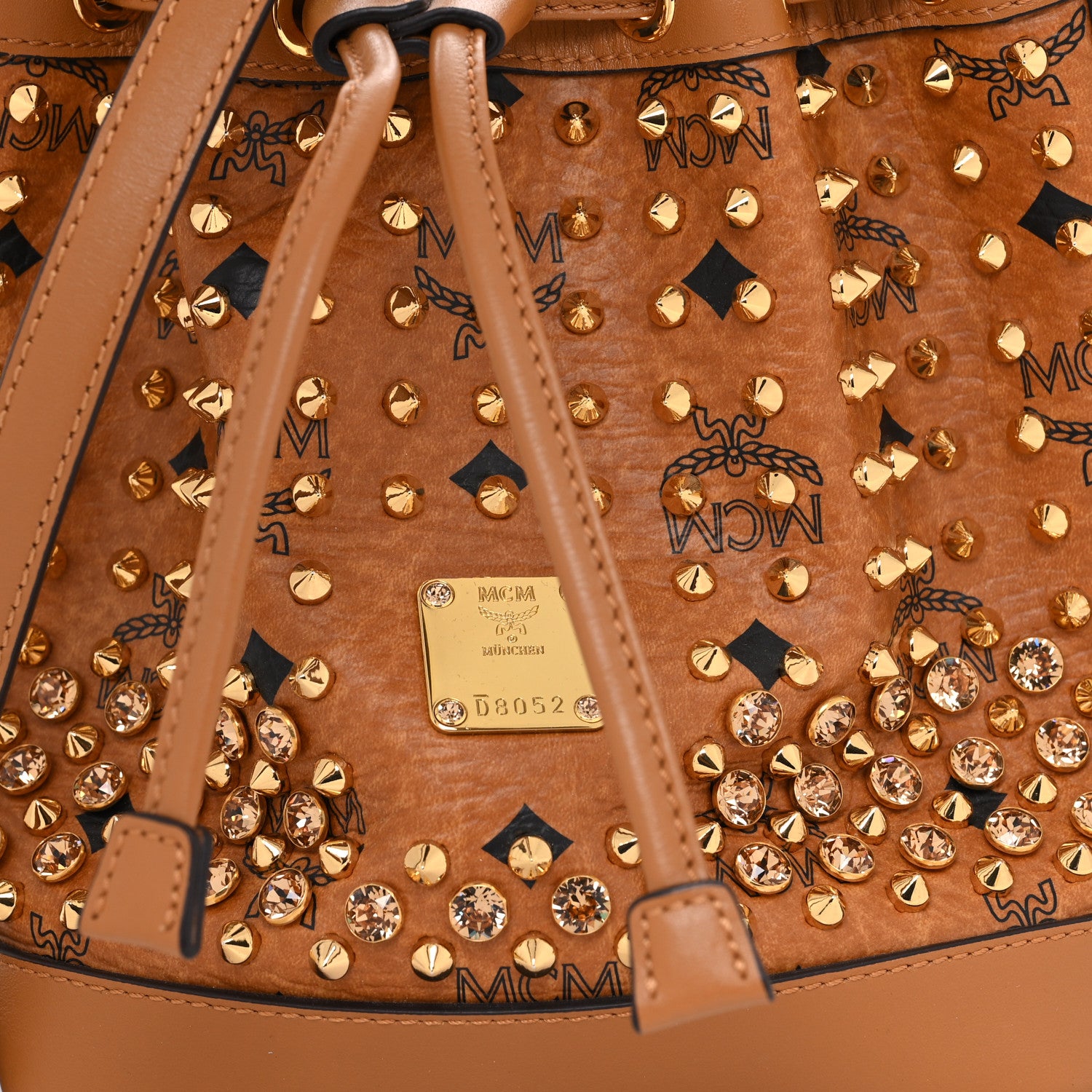 MCM Visetos Swarovski Crystal Studded Mini Drawstring Bucket Bag Cognac 8 of 12