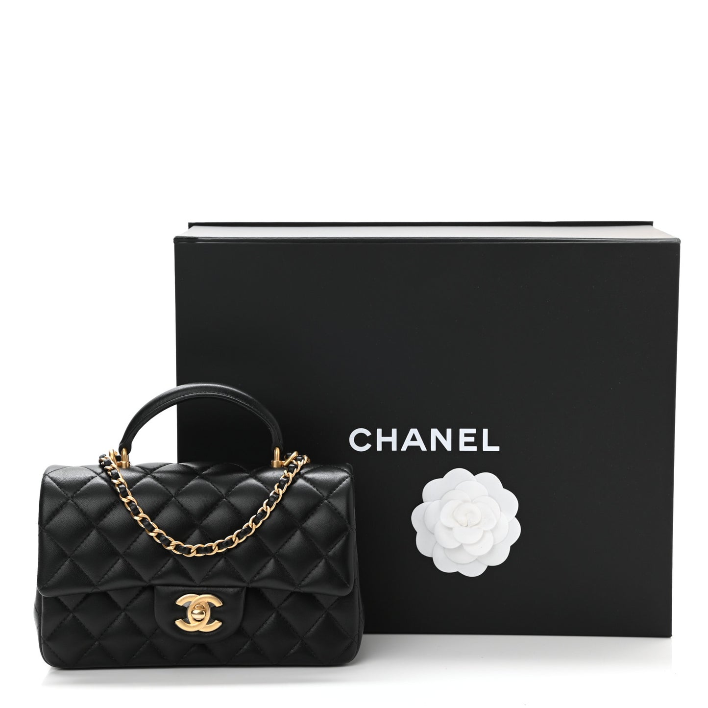 Lambskin Quilted Mini Top Handle Rectangular Flap Black