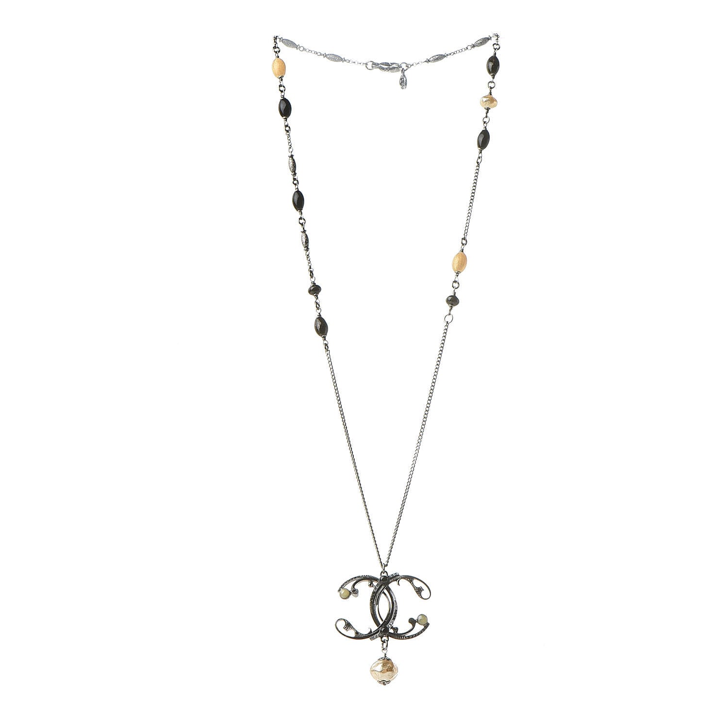 Chanel Pearl Beaded Enamel CC Long Necklace Black Silver 3 of 6