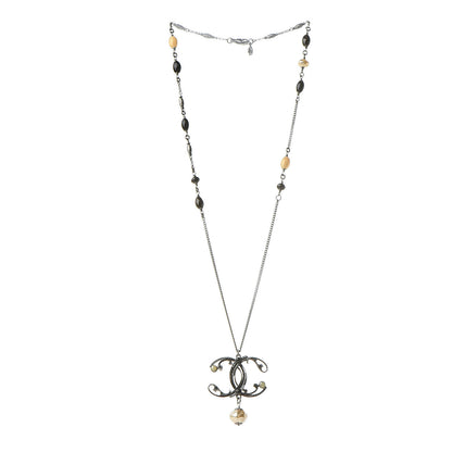 Chanel Pearl Beaded Enamel CC Long Necklace Black Silver 3 of 6