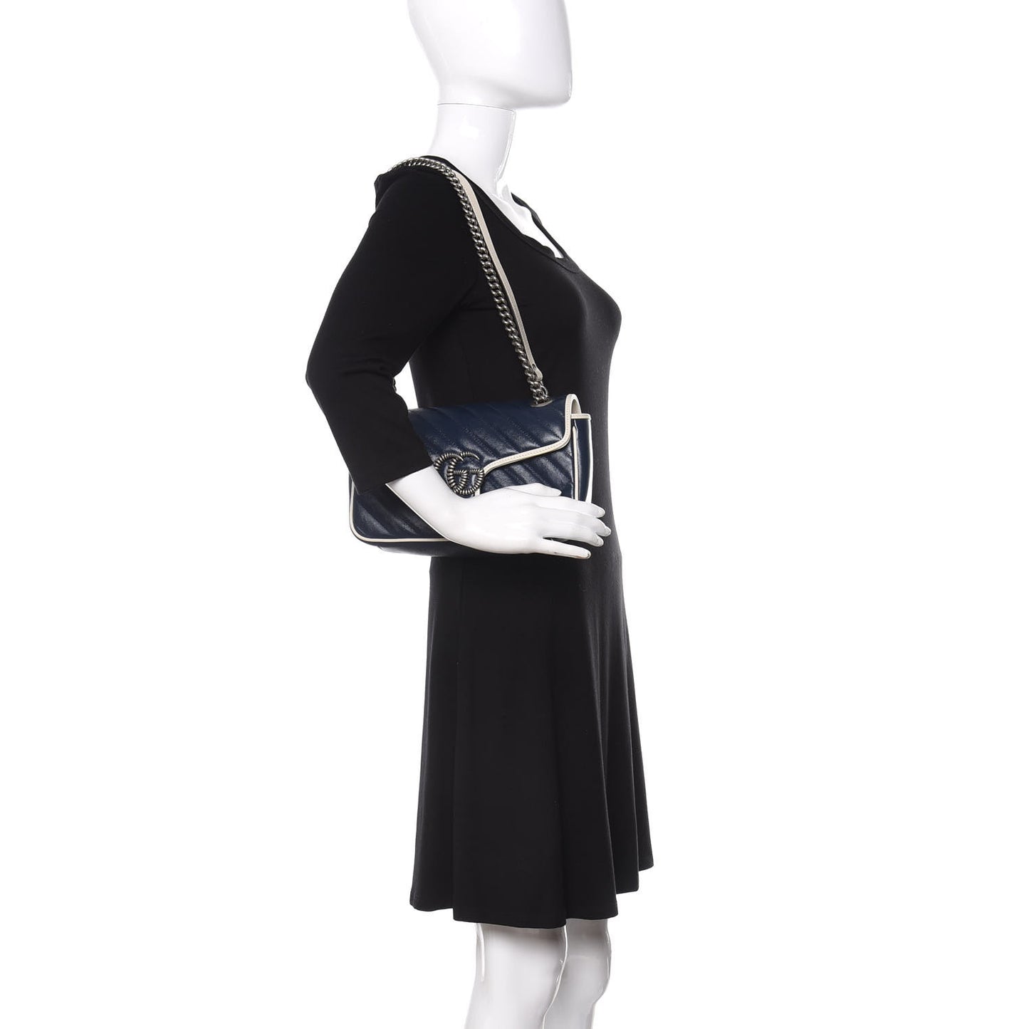Vintage Effect Calfskin Matelasse Diagonal Small Torchon GG Marmont Shoulder Bag Blue Agata Mystic White