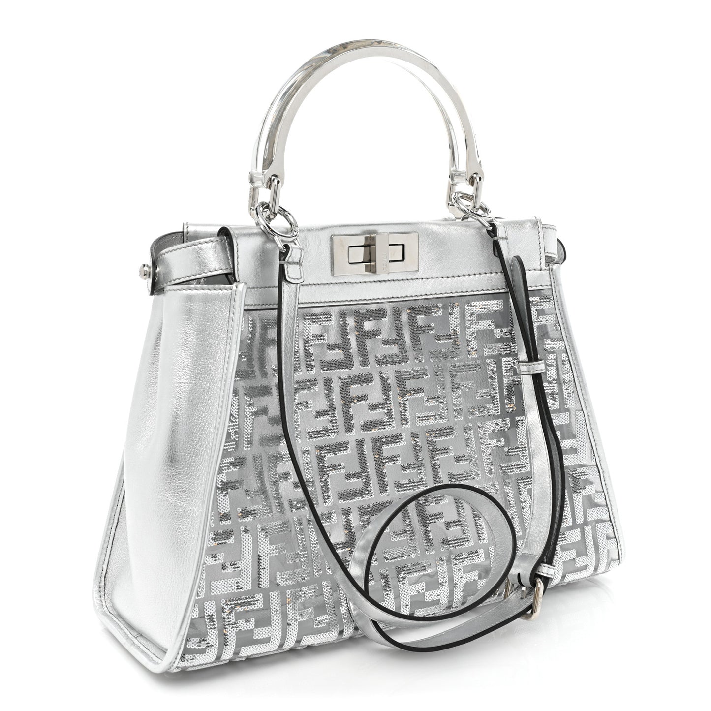 PVC Vitello Catalan Mirror Sequin FF Medium Peekaboo Iconic Satchel Argento