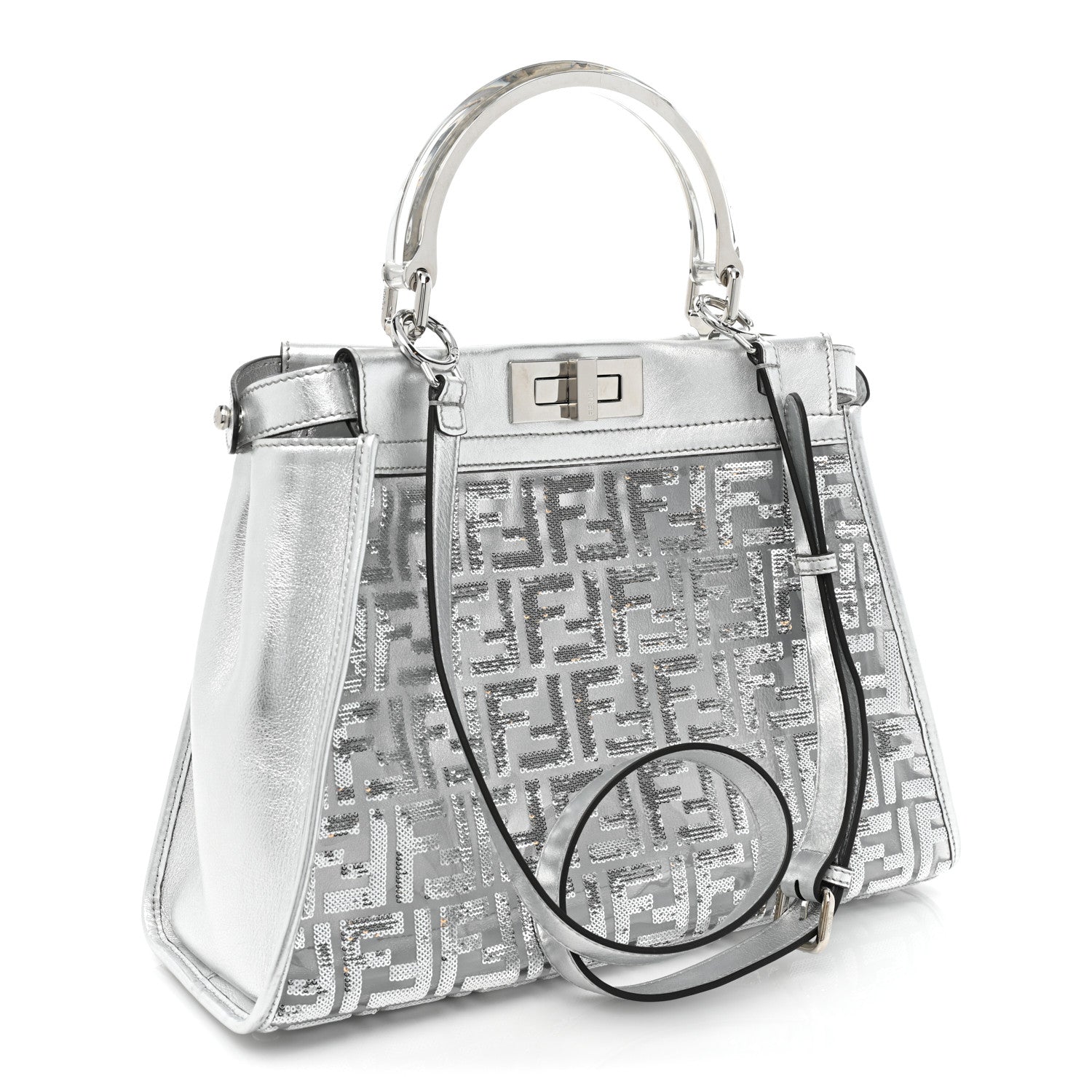 Fendi PVC Vitello Catalan Mirror Sequin FF Medium Peekaboo Iconic Satchel Argento 3 of 12