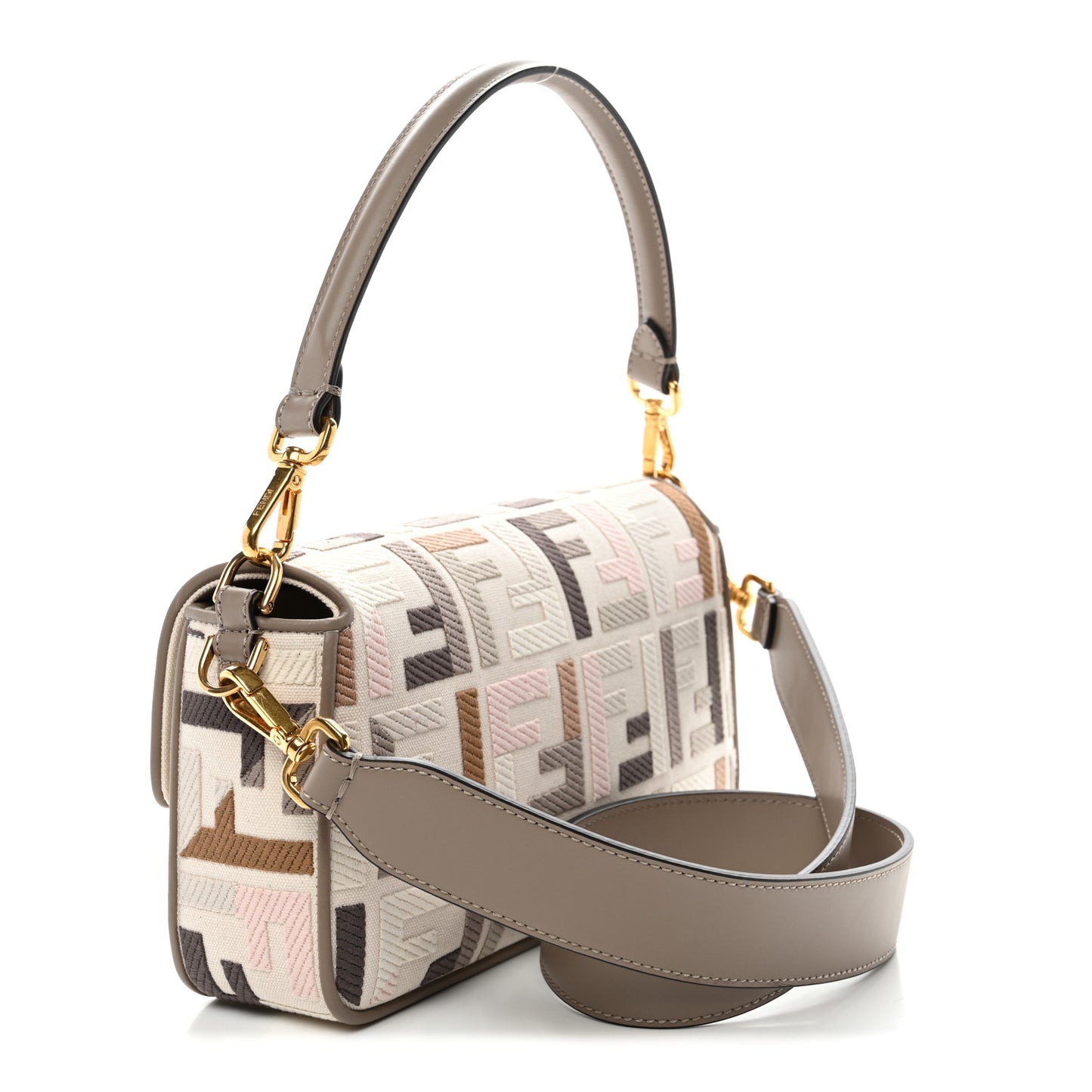 Canvas Vitello Seta FF Multicolor Embroidered Baguette Grezzo Multicolor Tortora