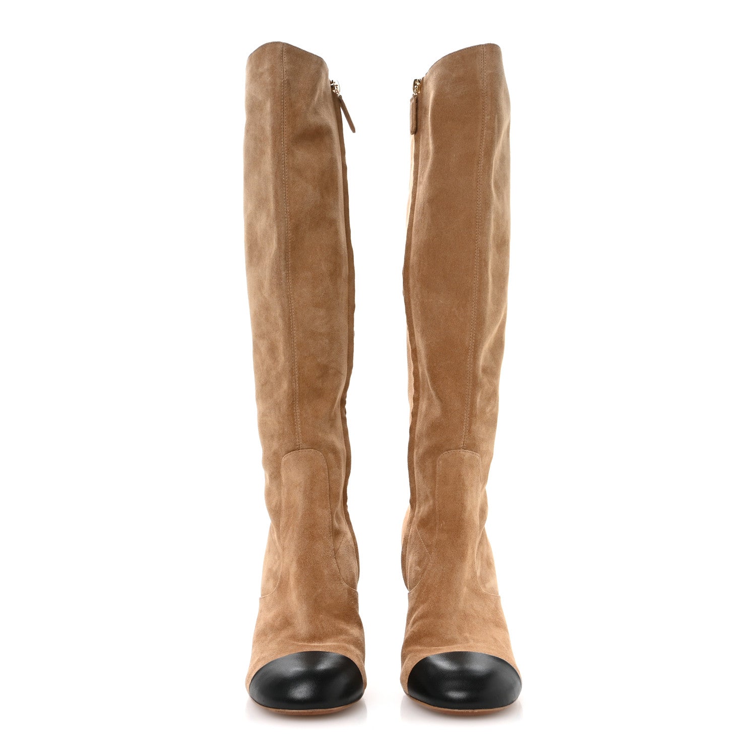 Chanel Suede Lambskin Cap Toe CC Knee High Boots 36.5 Beige Black 3 of 8
