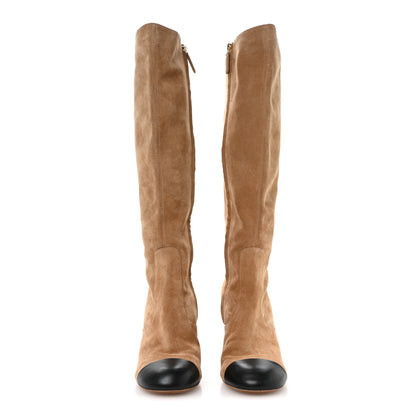 Chanel Suede Lambskin Cap Toe CC Knee High Boots 36.5 Beige Black 3 of 8