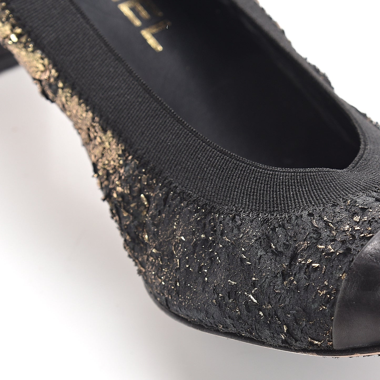 Metallic Lambskin Cap Toe CC Elastic Stretch Pumps 38.5 Black
