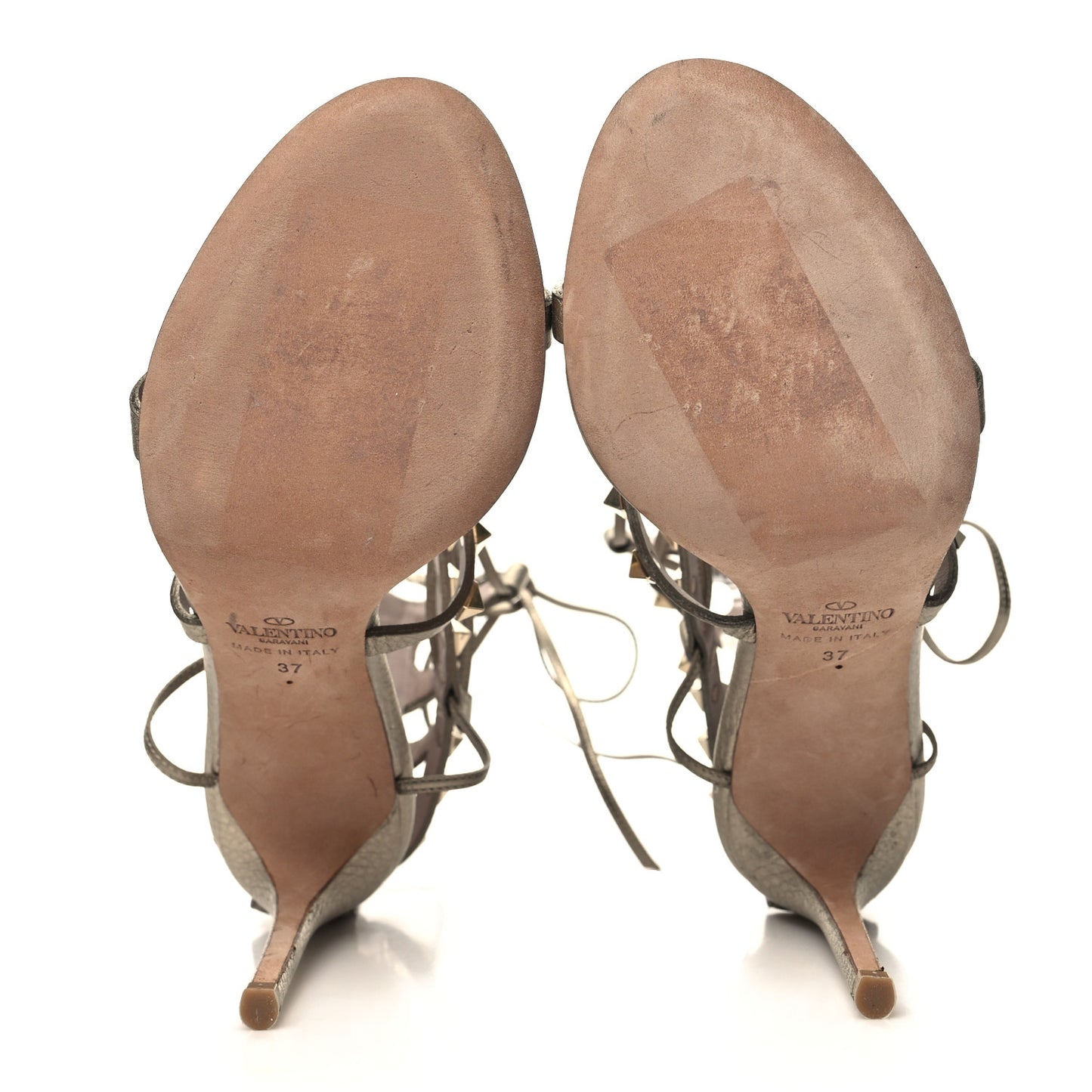 Metallic Pebbled Calfskin Rockstud Ankle Wrap Sandals 37 Skin Poudre