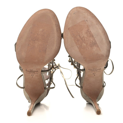 Valentino Garavani Metallic Pebbled Calfskin Rockstud Ankle Wrap Sandals 37 Skin Poudre 6 of 7