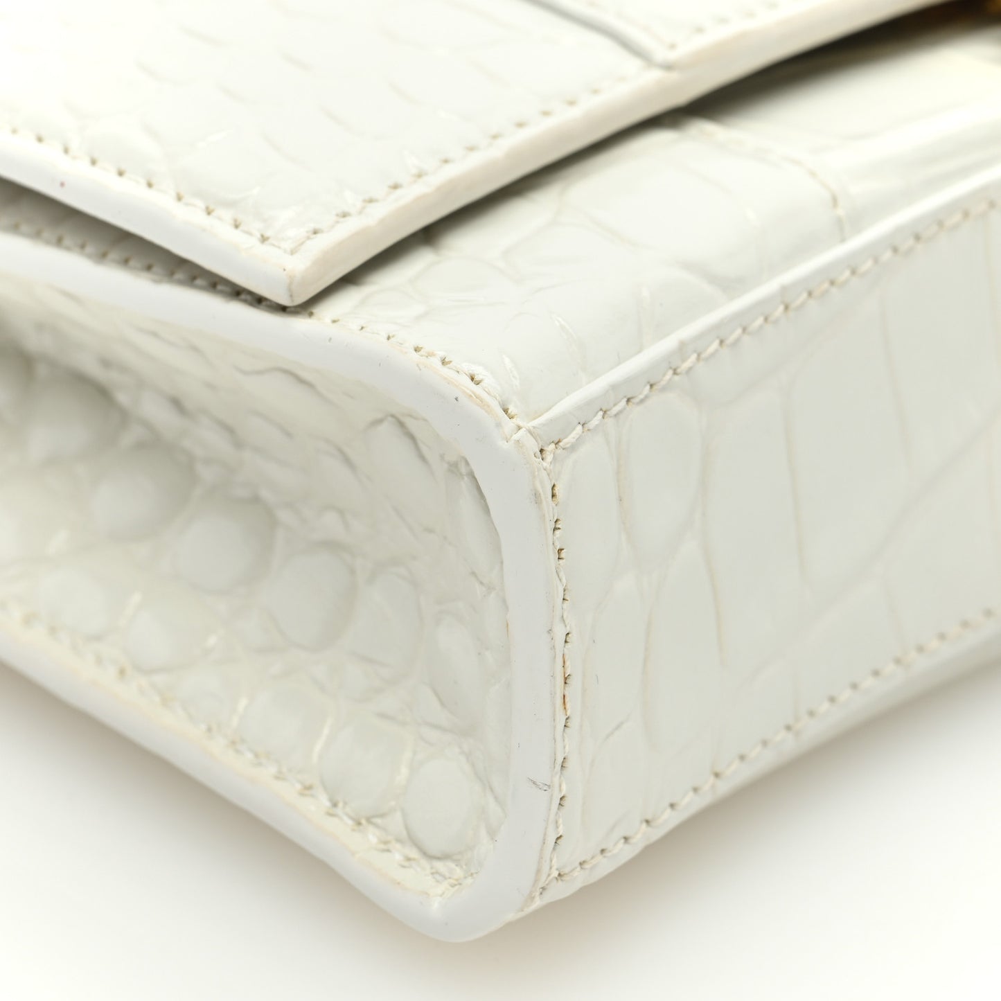 Shiny Calfskin Crocodile Embossed Hourglass Chain Bag White