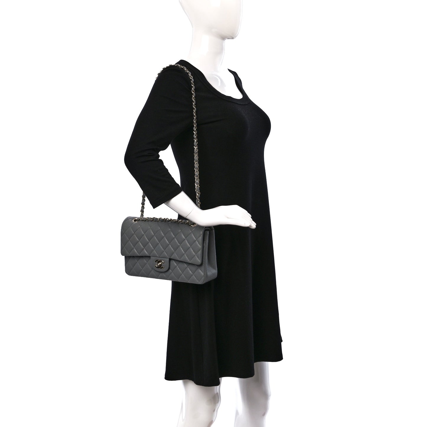 Caviar Quilted Medium Double Flap Grey