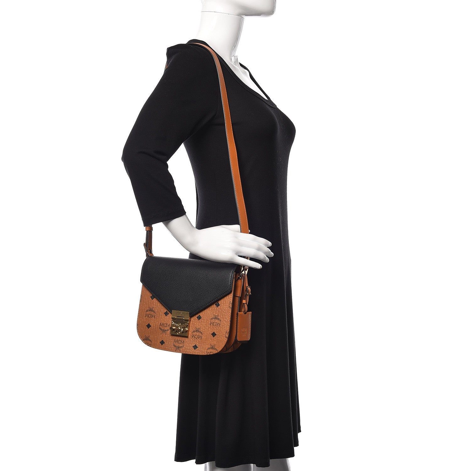 MCM Visetos Calfskin Small Patricia Crossbody Bag Cognac Black 2 of 10