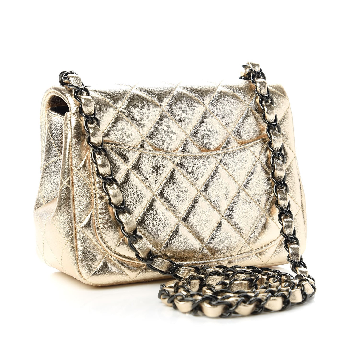 Metallic Lambskin Quilted Mini Square Flap Gold Black