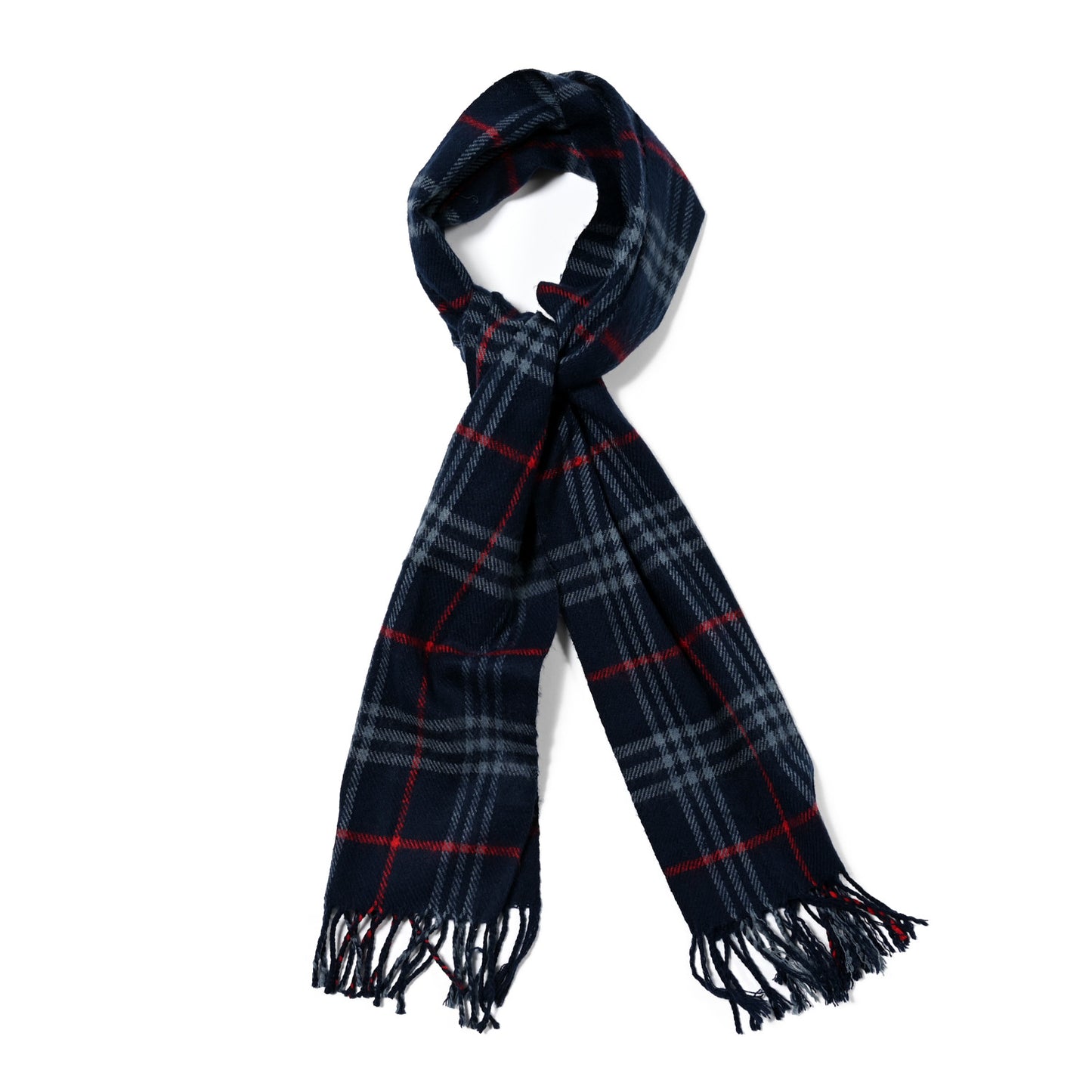 Lambswool Check Fringe Scarf Navy