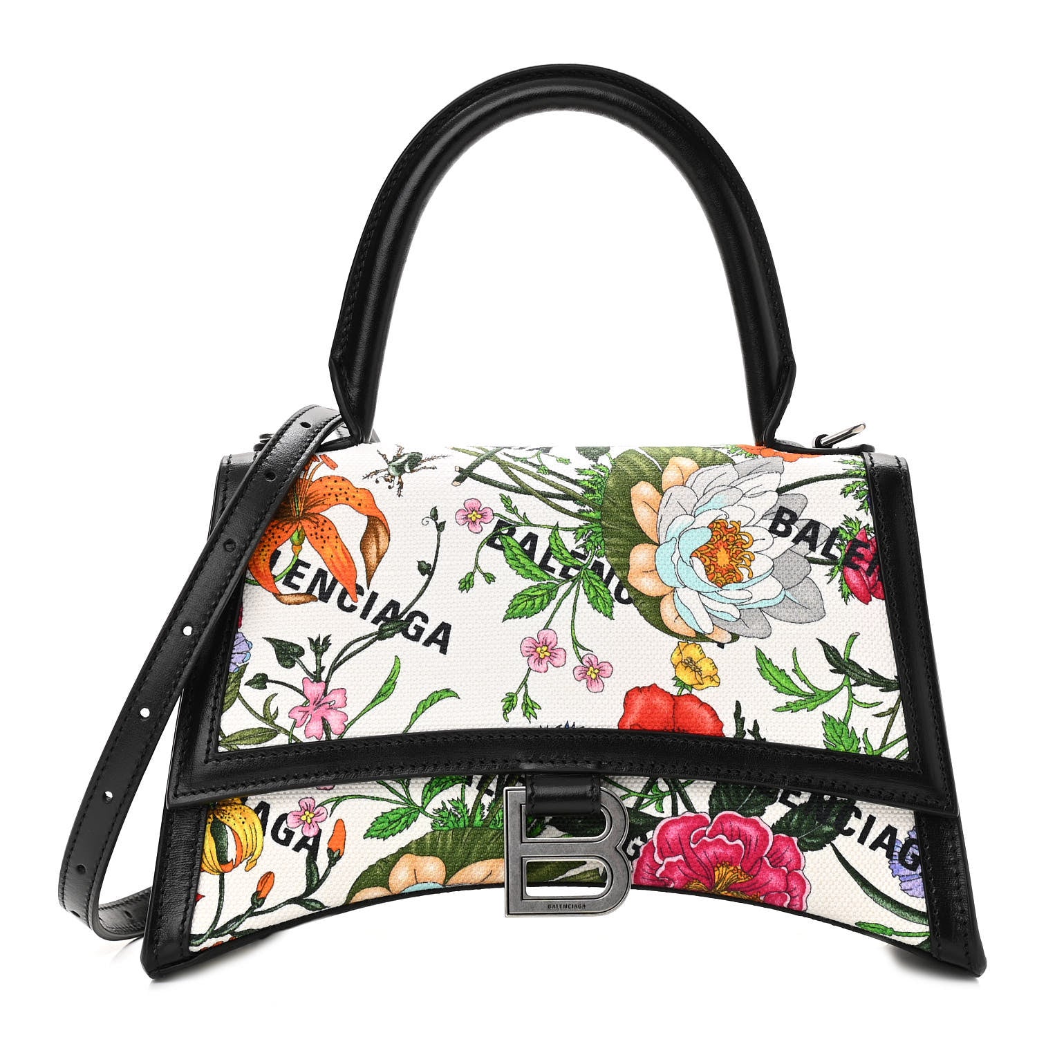 Balenciaga X GUCCI Canvas Boarded Plutone Calfskin Flora Logo Print Small Hourglass Top Handle Bag White Multicolor Black 1 of 10