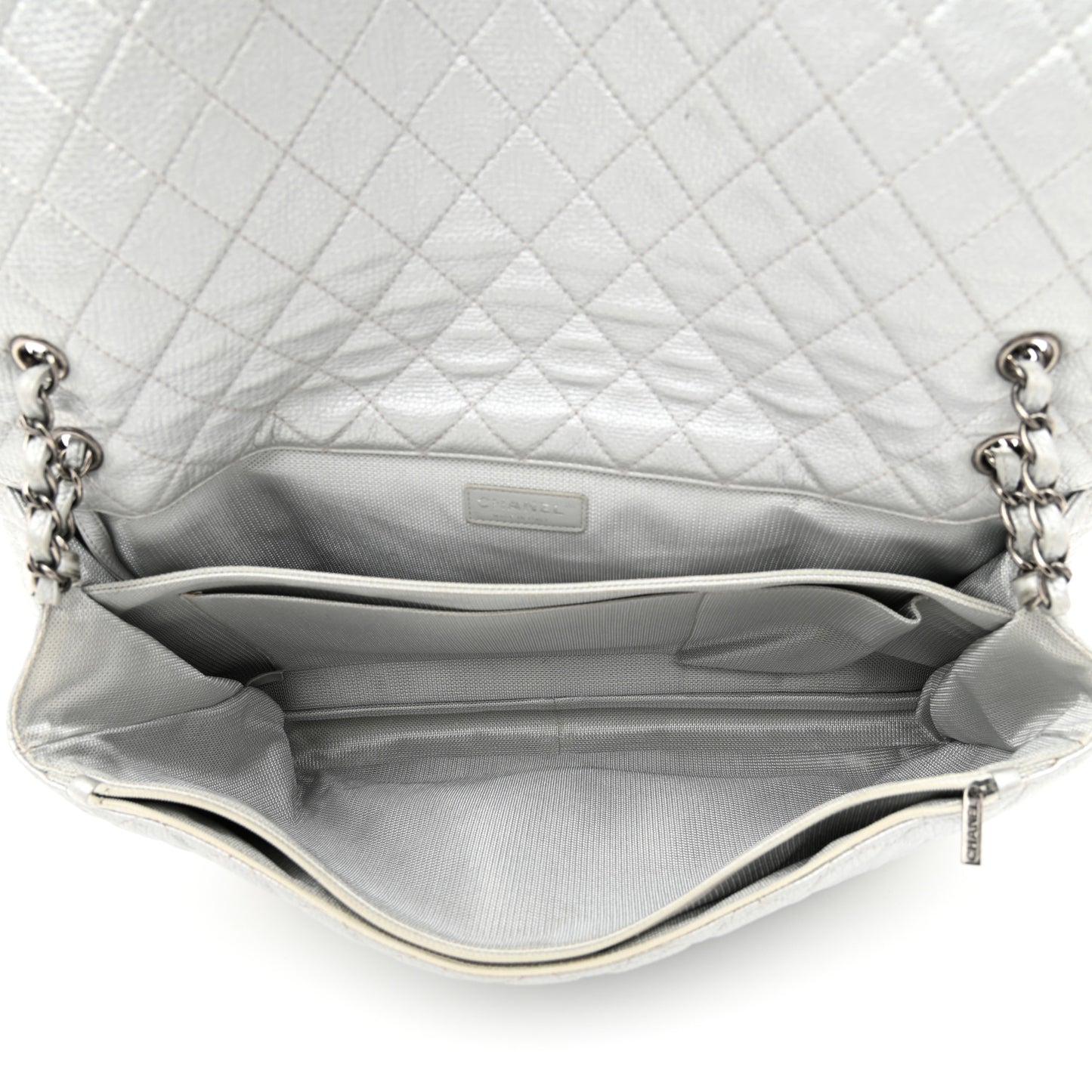 Metallic Calfskin Quilted XXL Travel Flap Bag Silver