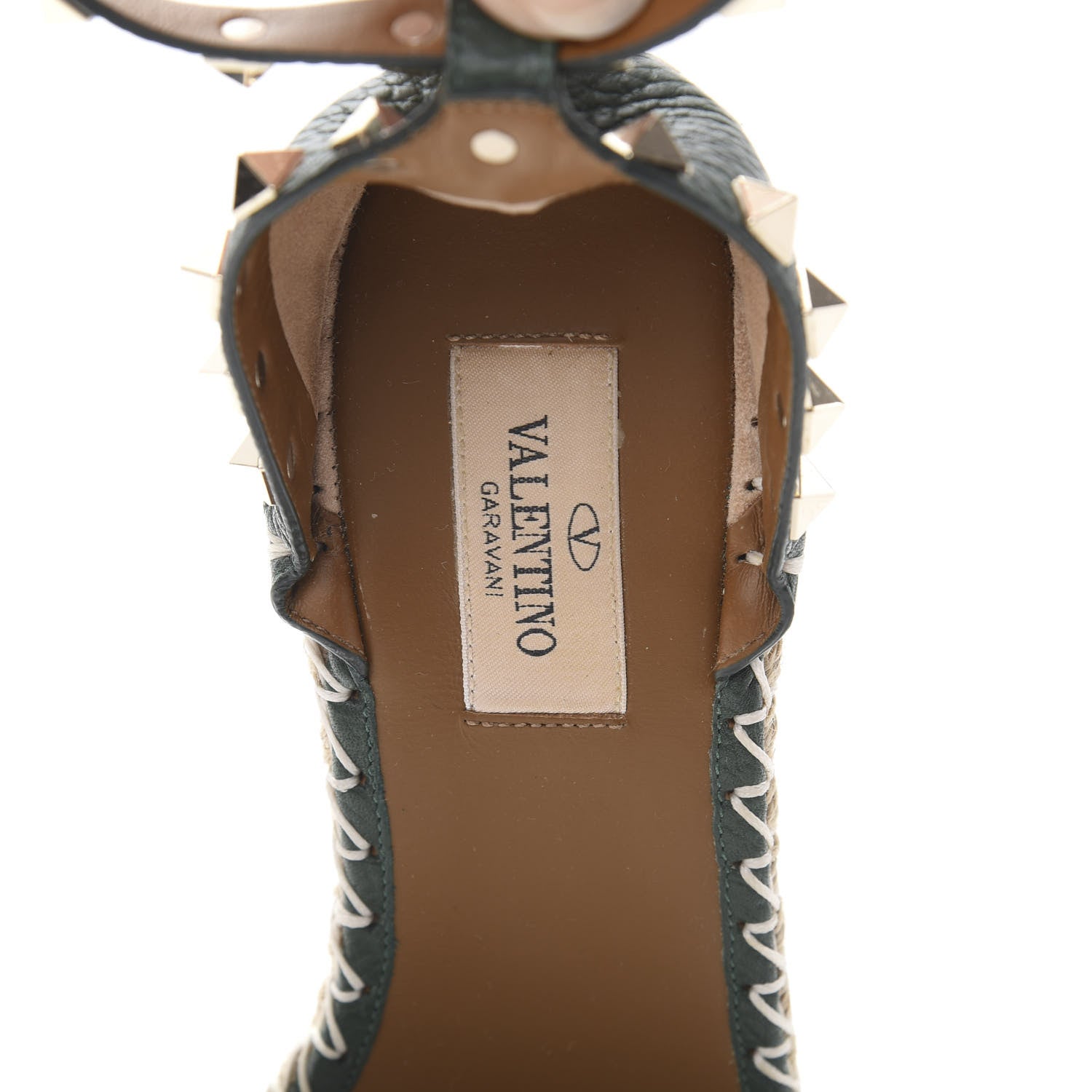 Valentino Garavani Grained Calfskin Rockstud Ankle Strap Espadrille 15/105mm Wedge Sandals 37 Army Green Natural 7 of 7