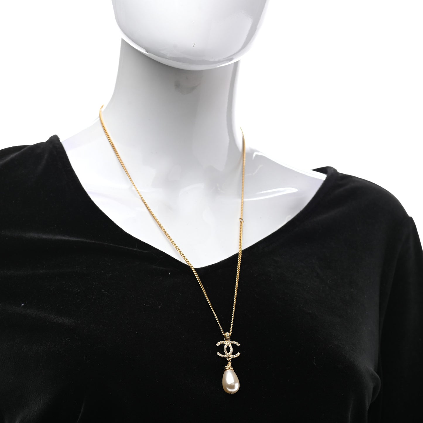 Pearl Crystal Twisted CC Drop Necklace Gold