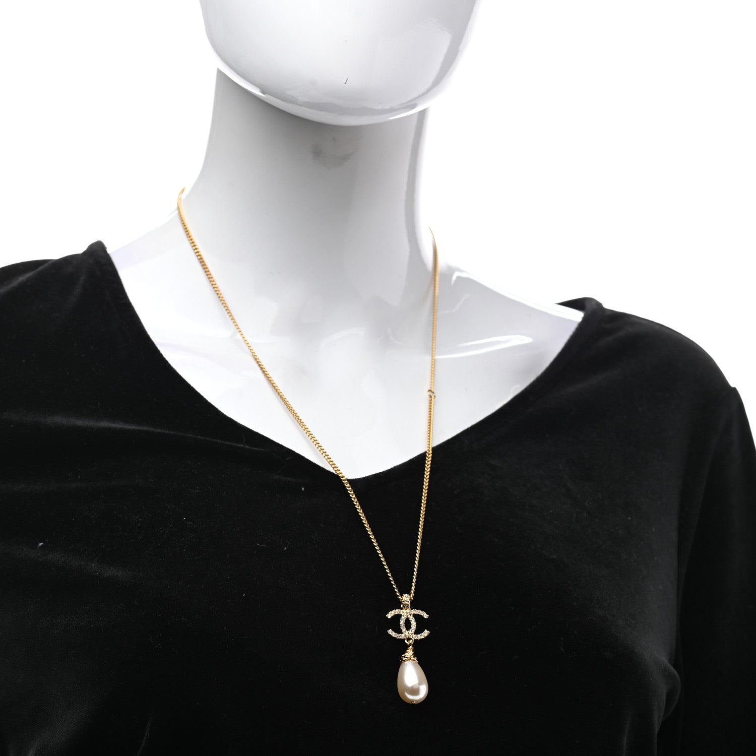 Chanel Pearl Crystal Twisted CC Drop Necklace Gold 2 of 7