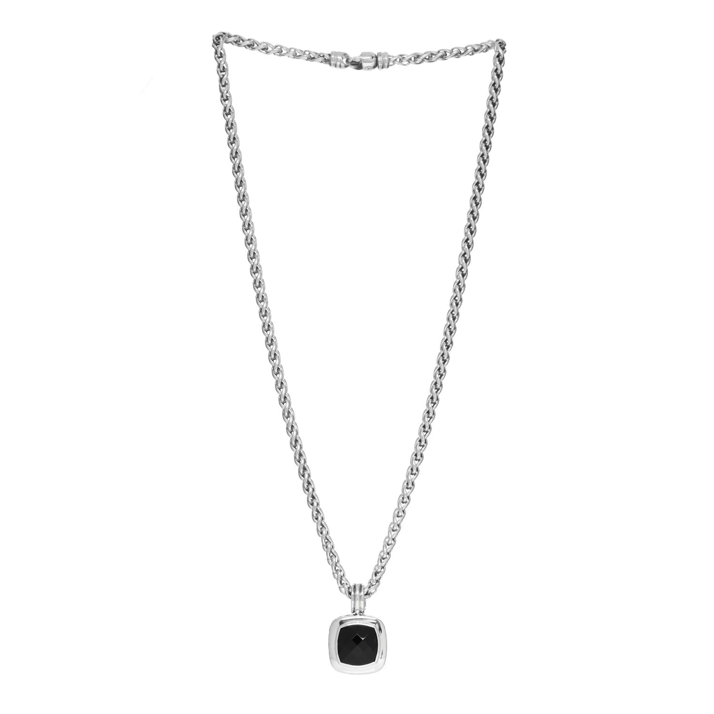 Sterling Silver Black Onyx 14mm Albion Enhancer Pendant Wheat Chain Necklace