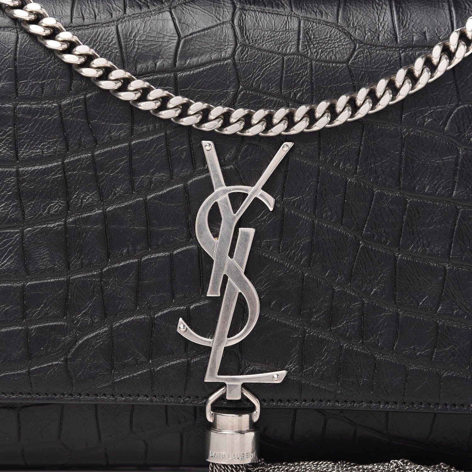 Saint Laurent Calfskin Crocodile Embossed Medium Classic Monogram Kate Tassel Satchel Black 9 of 10